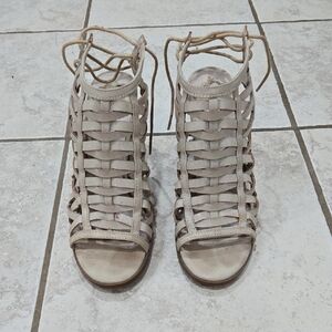 Fergalicious Women's Beige Lace-Up Woven Heels